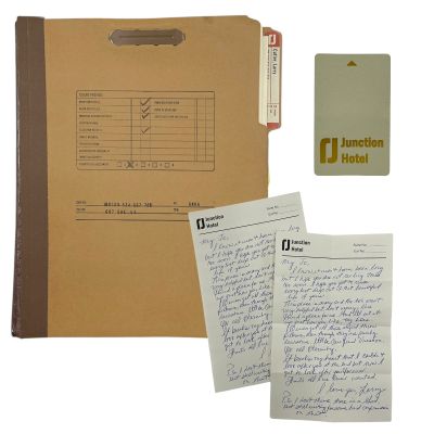 Lot 56: Eternity Larry (Miles Teller) Production Used Letter, Folded Letter, File & Hotel Key Card | VIP Fan Auctions
