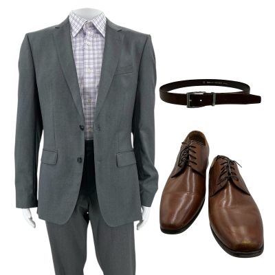 Lot 104: Relationship Goals Dan Milken Screen Worn Casual Suit, Button-Up Shirt, Belt & Dress Shoes Ch 1 Sc 5pt1, 6 | VIP Fan Auctions