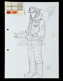 STAR WARS: THE EMPIRE STRIKES BACK (1980) - Lot 745 - Hand-drawn and Printed John Mollo Hoth Rebel Technician Design Sketch with Fabric Swatch