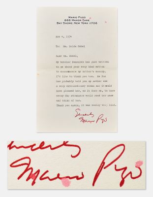 Mario Puzo Letter Signed from 1974 -- ’’...my mother was an extraordinary woman...’’ | Nate Sanders
