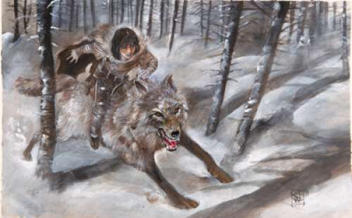 Game of Thrones Bran Stark and Dire Wolf Preliminary Concept Painting by William Simpson (HBO, 2011). | Heritage
