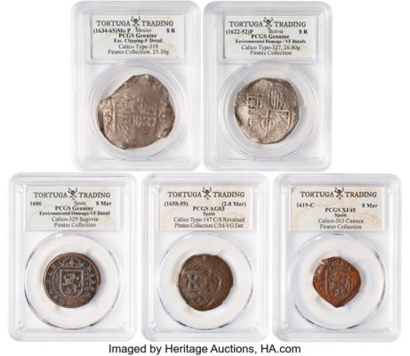Group of (5) Certified Cob Reales Treasure Coins from Pirates of the Caribbean Franchise (Walt Disney, 2006-2017). (Total: 5 Items) | Heritage