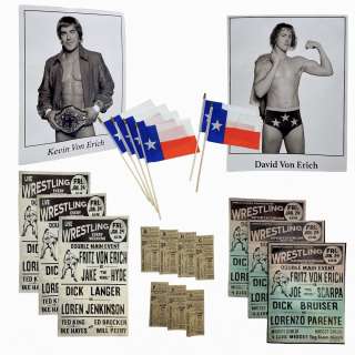 Lot #154: The Iron Claw Kevin Photograph, David Photograph, 3 World Classic Flyers, 3 Live Wrestling Flyers, 6 Flags & 7 Tickets Sc 36