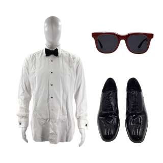 Lot #51: Saltburn Felix Catton (Jacob Elordi) Screen Worn Dress Shirt, Dress Shoes, Bow Tie, Cufflinks Set, Dress Studs & Sunglasses Ch 242 Sc 79pt5