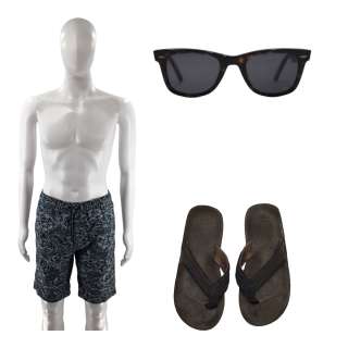 Saltburn Oliver Quick (Barry Keoghan) Screen Worn Flip Flops, Wayfarer Sunglasses & Board Shorts Ch 28 Sc 78 | VIP Fan Auctions