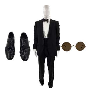 Lot #201: Saltburn Farleigh Start (Archie Madekwe) Screen Worn Jacket, Dress Shirt, Trousers, Dress Shoes, Bow Tie, Cummerbund, Cufflink Set, Sunglasses & Press Stud Set Ch 182 Sc 73-79pt5