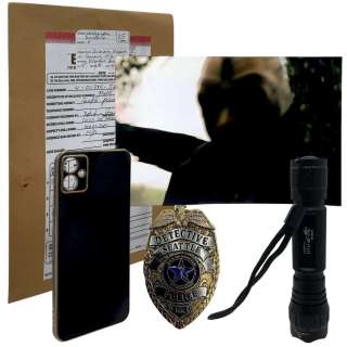 Heart Eyes Detective Jeanine Shaw (Jordana Brewster) Screen Used Badge, Phone Case, Flashlight & Evidence Files W/ Photo Sc Multiple | VIP Fan Auctions