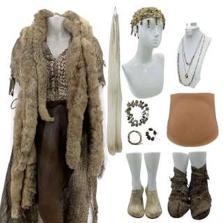 Materialists Young Cave Woman Screen Worn Dress, Wrap Skirt, Apron, Bolero, Hat, Shoes Wrapped, Water Shoes, Belt, Stole, 3 Bracelet Set, 3 Necklace Set & Pregnancy Belly Ch 1,2 & 3 | VIP Fan Auctions