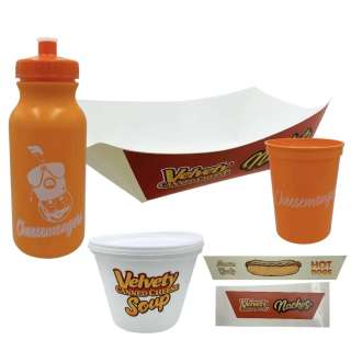Poker Face Season 2 Cheesemongers Stadium Production Used (2) Labels, Soup Cup W/ Lid, Water Bottle, Cup & Nacho Boats | VIP Fan Auctions