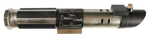 Dave Prowse as Darth Vader in Star Wars Signed Prop Replica Lightsaber with Character Name & MTFBWY Quote | SWAU