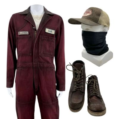 Play Dirty Parker Screen Worn Stunt Double Coveralls, T-Shirt, Hat, Neck Gaiter & Boots Ch 1x Sc 7,8 & 9 | VIP Fan Auctions