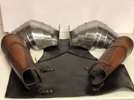 5 pc. medieval armour - shoulder pauldrons / leather breast plate / 2 leather shin guards (From the | Direct Liquidation