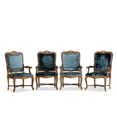 Lot 27 - A set of four carved and painted fauteuils in the Louis XIV styleAcquired for Season 2, for the Paris Apartment set (4) | Bonhams