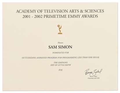Emmy Nomination for ’’The Simpsons’’ Given to Sam Simon in 2002 for Episode ’’She of Little Faith’’ -- From the Sam Simon Estate | Nate Sanders
