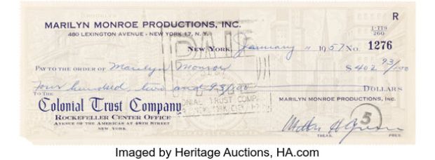 Marilyn Monroe and Marilyn Monroe Productions Group of (32) Payroll Checks, Personal Checks, Invoices, Receipts, Tax Documents, and Bank Statements. | Heritage