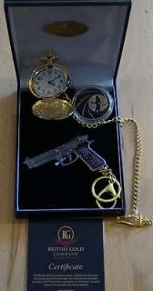 James Bond - Limited Edition 24K Gold Plated Pocket Watch + 24K Coin + Handgun Keyring | James Bond - Limited Edition 24K Gold plated Pocket Watch + 24K Coin + Handgun keyring | Catawiki