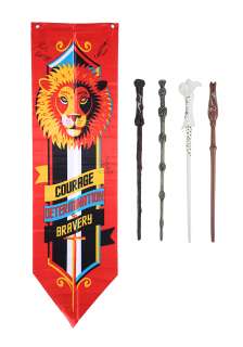HARRY POTTER AND THE DEATHLY HALLOWS: PART 1 & PART 2 (2010-2011) - Lot 168 - Daniel Radcliffe and Main Cast-autographed Replica Wands and Gryffindor Banner