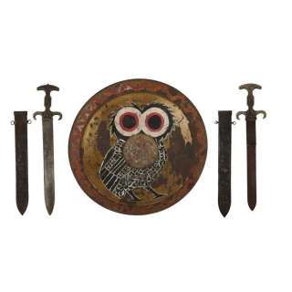 JASON AND THE ARGONAUTS (1963) - Lot #162 : Argonaut SFX Retractable Sword, Argonaut Hero Metal Sword with Scabbard, and Owl Shield