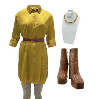 Lot 16 - The Blackening Lisa‘s Antoinette Robertson 3/4 Sleeve, Button-Front Shirt, 3/4 Sleeve Shirt, Legging Style Pants, Necklace, Ring, Earrings, Belt & High Heel Boots