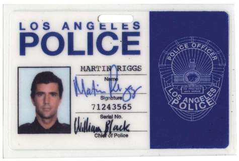 Lot 1624 - "Martin Riggs" Los Angeles Police ID card created for Lethal Weapon 4.