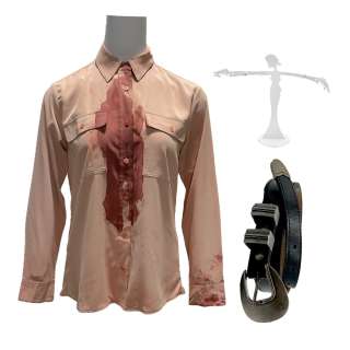 Lot #60: Maxxxine Detective Williams (Michelle Monaghan) Screen Worn Button-Up Shirt, Earrings & Belt Ch 2, 3 Sc 83- 125