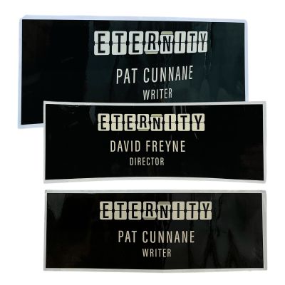 Lot 50: Eternity Production Used Pat Cunnane, David Freyne & Eternity Chairback Nameplate Set | VIP Fan Auctions