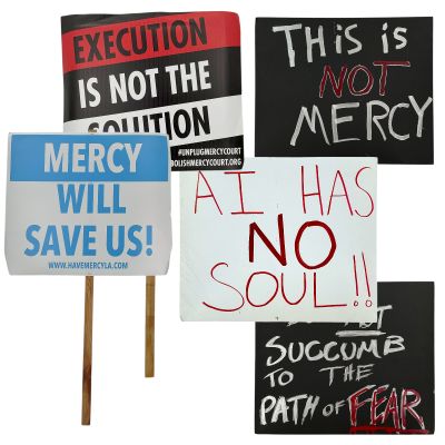 Lot 37: Mercy Lebanon Street / Mercy Court Building Production Used (2) Posters & (3) Protest Signs | VIP Fan Auctions