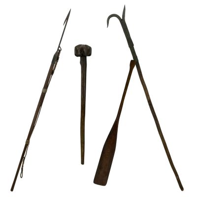 Lot 201: The Bluff Screen Used Oar, Plastic Gaff, Plastic Harpoon & Rubber War Club | VIP Fan Auctions