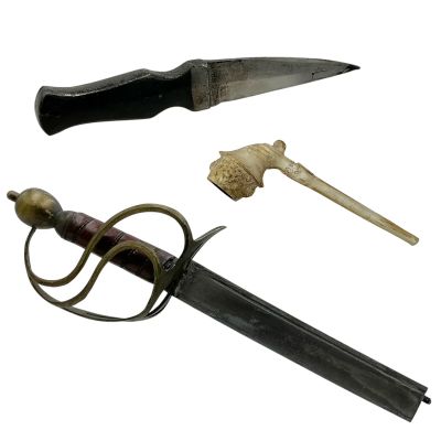 The Bluff Connor Production Used Cutoff Rubber Sword, Pipe & Rubber Knife | VIP Fan Auctions