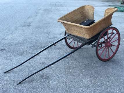 Early 1900s Wooden horse drawn cart w/ wicker basket seating area - Manufactured by B.F. Hewitt 59th | Direct Liquidation