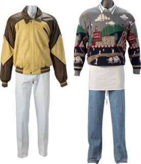 Ted Danson "Sam Malone" Brown and Cream Leather Baseball Jacket, Decorative Knit Cotton and Linen Sweater, Dockers White Shir...