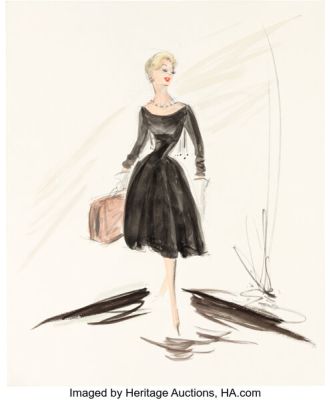 Vertigo (Paramount, 1958), Kim Novak "Madeleine Elster/Judy Barton" Final Black "Death" Dress Costume Sketch by Edith Head. | Heritage