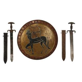 JASON AND THE ARGONAUTS (1963) - Lot #163 : Argonaut SFX Retractable Sword, Argonaut Hero Metal Sword with Scabbard, and Centaur Shield
