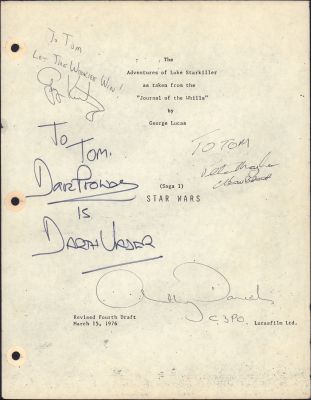 Star Wars: A New Hope ’The Adventures of Luke Starkiller, as taken from the Journal of the Whills’ Script Cover Page Cast Signed by Peter Mayhew, Dave Prowse, Anthony Daniels, & Producer: Gary Kurtz with Character Names & Quote | SWAU