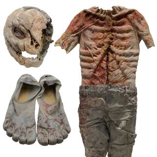 Lot 68 - Dark Harvest Sawtooth Jack‘s Dustin Ceithamer Head Mask, Body Suit, Pants & Slip-On Shoes