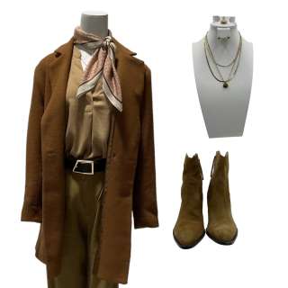 Thanksgiving Amanda Collins’s Gina Gershon Trench Coat, Shirt, Pants, Belt, Scarf, Ring, Necklace Set, Earrings & Boots | VIP Fan Auctions