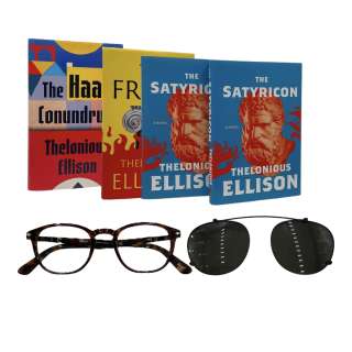 Lot 114 - American Fiction Thelonious ‘Monk‘ Ellison‘s Jeffrey Wright Clip-on Sunglass Lens, Book Set & Glasses