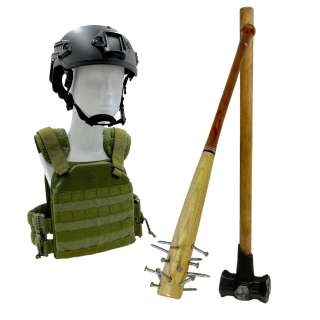 Fargo Season 5 Dot Lyon Juno Temple Screen Used Prop Sledgehammer, Tactical Vest, Helmet & Prop Foam Rubber Baseball Bat W/ Nails Ep 502, 503 | VIP Fan Auctions