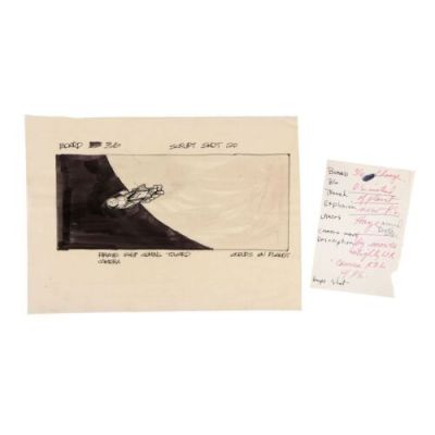 STAR WARS: A NEW HOPE (1977) - Lot #347 : Hand-Drawn Joe Johnston Millennium Falcon Storyboard No. 36 with Handwritten George Lucas Note