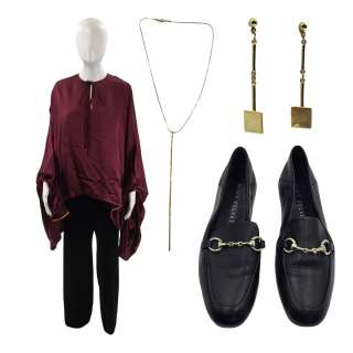 Lot #148: Saltburn Elspeth Catton (Rosamund Pike) Screen Worn Loafers, Trousers, Blouse, Necklace & Earrings Ch 17 Sc 169