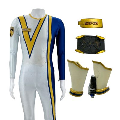 Lot 88: Power Rangers SPD (2005) Omega Ranger (Yuji Tanimura) Screen Worn Stunt Double Spd Jumpsuit, Belt Buckle & Wrist Guard | VIP Fan Auctions