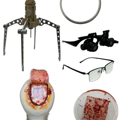 Lot 70: Onslaught Inger Screen Used Surgical Loupes, Glasses, Neurosurgical Head Frame & The Butcher Skull Prosthetic W/ The Cut Piece | VIP Fan Auctions