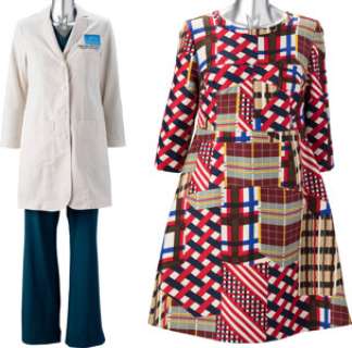 Mindy Kaling "Dr. Mindy Lahiri" White Hospital Coat, Teal Scrubs, and Colorful Geometric Print Dress from The M...