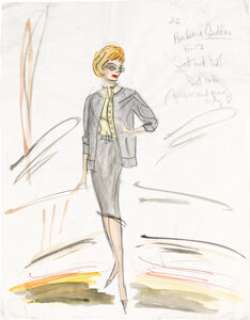 Vertigo (Paramount, 1958), Barbara Bel Geddes "Midge Wood" Costume Sketch of Signature Gray Sweater Suit by Edith Head.