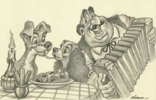 Joan Vizcarra - Lady and the Tramp - Spaghetti Scene - Original Drawing - 50 x 32 cm | Catawiki