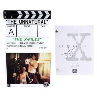 The X-Files (T.V. Series, 1999) - Lot 1438 - David Duchovny-Autographed Screenplay with Still and Chris Carter-Autographed "A" Camera Clapperboard
