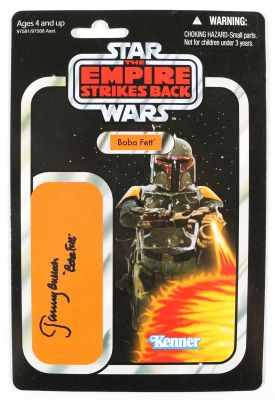 Jeremy Bulloch as Boba Fett in Star Wars: The Empire Strikes Back Signed Kenner Hasbro Vintage Action Figure Reproduction Cardback with Character Name | SWAU