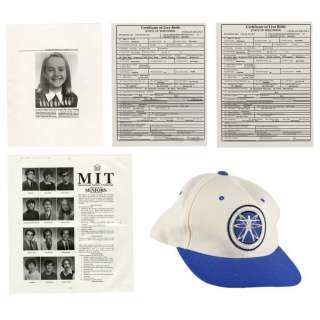 CONTACT (1997) - Lot #1205 : Pair of Dr. Ellie Arroway‘s (Jodie Foster) Birth Certificates, Articles, and Hat