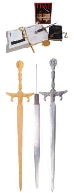 End of Days (1999) | Jericho Cane’s (Arnold Schwarzenegger) Striker Security Folder and Statue Swords with Vatican Knight Ephemera and "Apocalypse" Time Magazine | Propstore