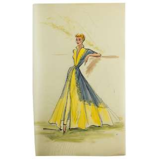 I Love Lucy | Elois Jenssen Yellow Gown with Gray Panels & Yellow Roses Costume Sketch for Lucille Ball | Blacksparrow